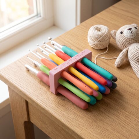 Sakura pembe 14 tığlık tığ düzenleyici, renkli saplı tığlarla dolu, yanında iplik yumağı ve amigurumi ayı